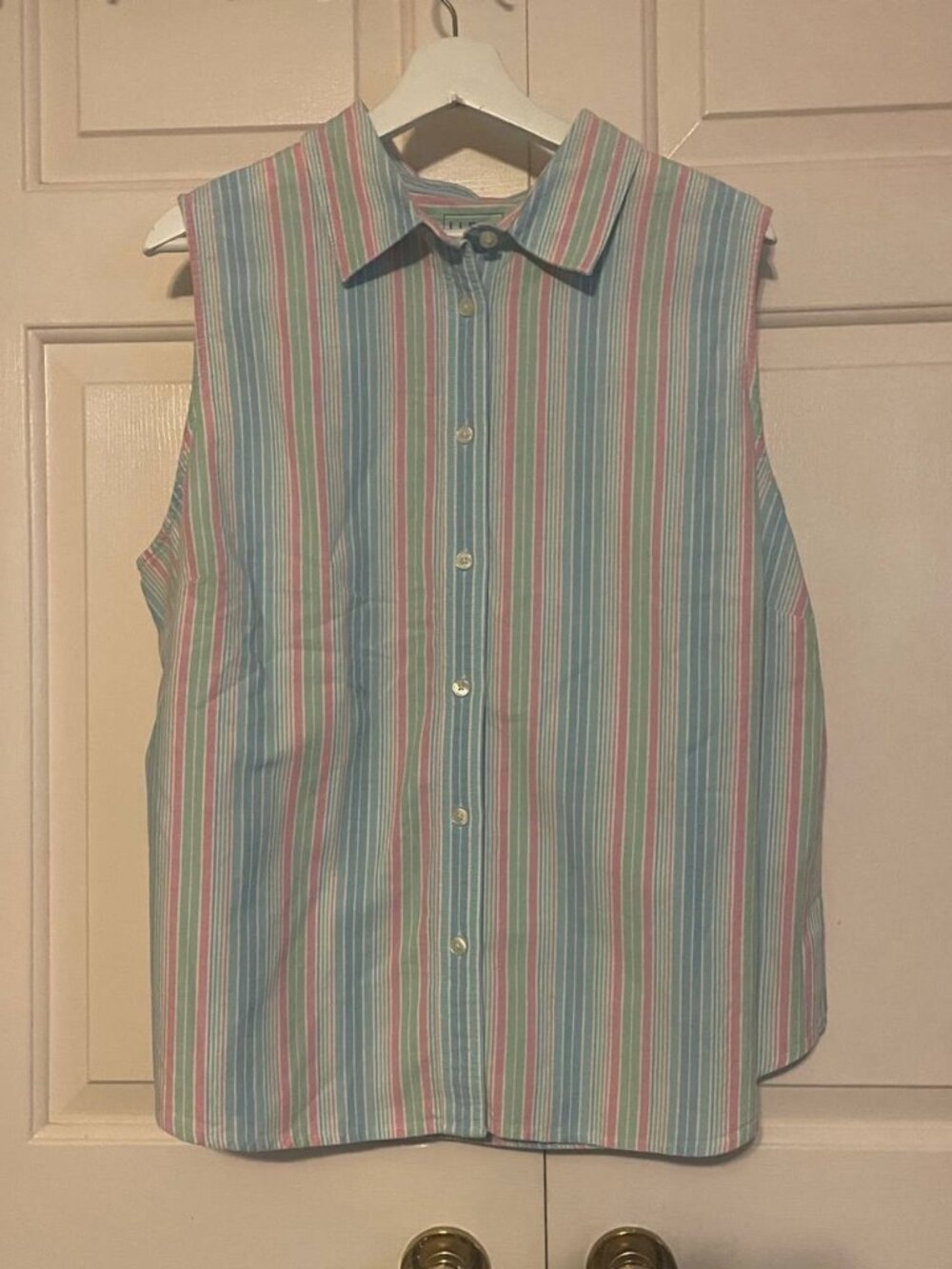 L.L.Bean XL Petite Striped Sleeveless Collared Shirt - Pastels Coastal Grandma